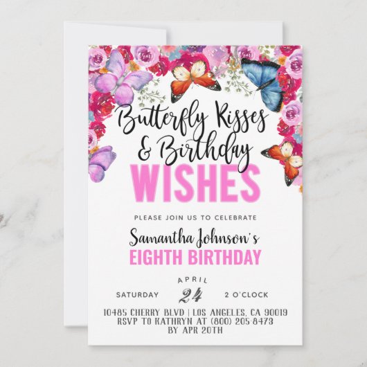 Butterfly Kisses Birthday Invitation Kaart (Voorkant)