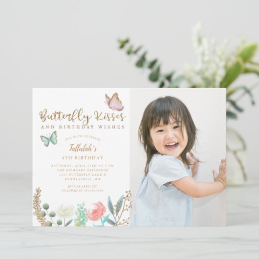 Butterfly Kisses Birthday wil Foto Party Kaart (Staand voorkant)