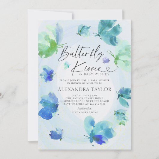 Butterfly Kisses Blue Waterverf Baby Boy Shower Kaart (Voorkant)