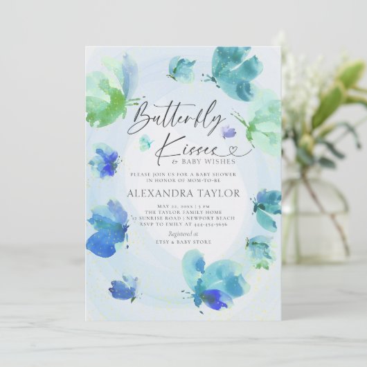 Butterfly Kisses Blue Waterverf Baby Boy Shower Kaart (Staand voorkant)