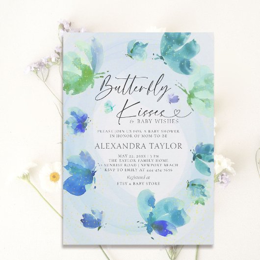 Butterfly Kisses Blue Waterverf Baby Boy Shower Kaart