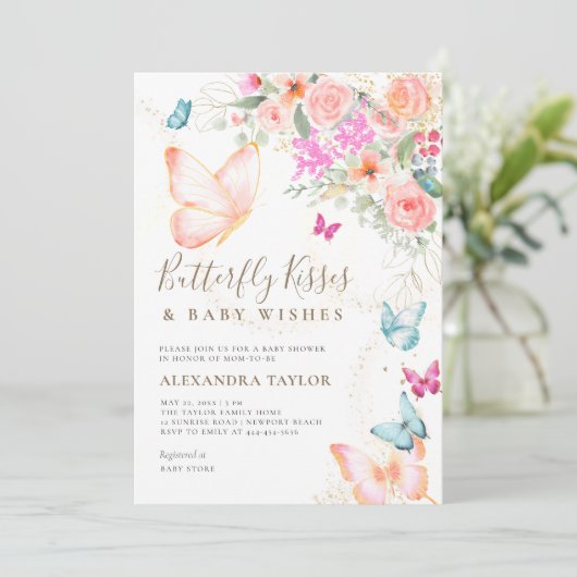 Butterfly Kisses Bright Bloemen Baby Meisje Douche Kaart (Staand voorkant)