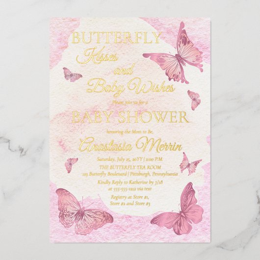 Butterfly Kisses en Baby Wishes Girl Baby shower Folie Uitnodiging (Voorkant)