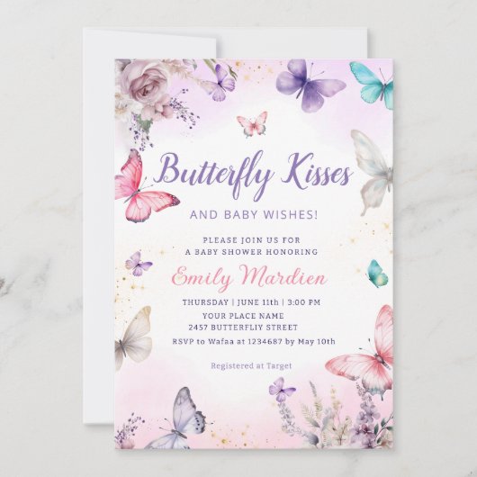 Butterfly Kisses en Baby Wishes Girl Baby shower Kaart (Voorkant)