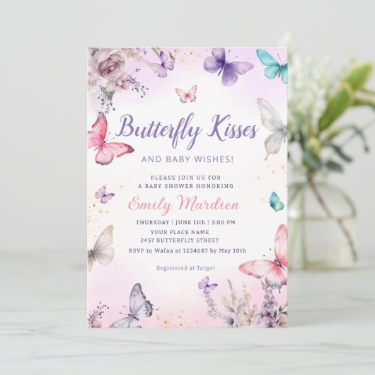 Butterfly Kisses en Baby Wishes Girl Baby shower Kaart (Staand voorkant)