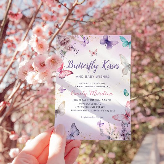 Butterfly Kisses en Baby Wishes Girl Baby shower Kaart