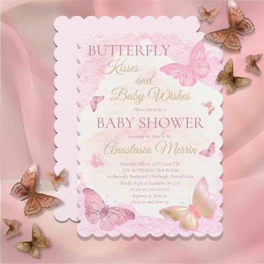 Butterfly Kisses en Baby Wishes Girl Baby shower Kaart
