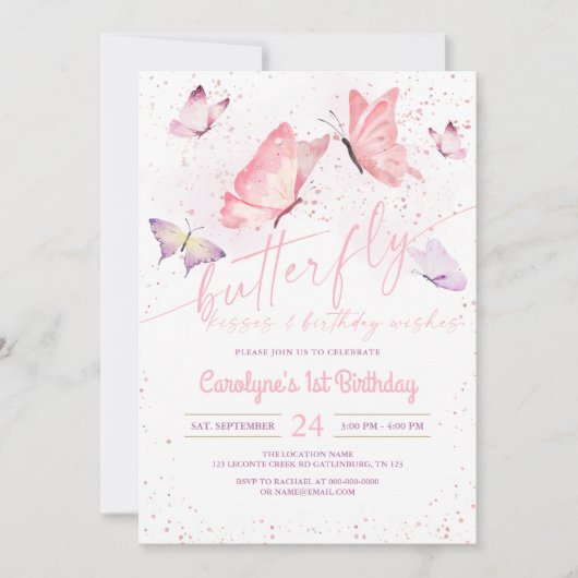 Butterfly Kisses en Birthday Wishes Invitation Kaart (Voorkant)