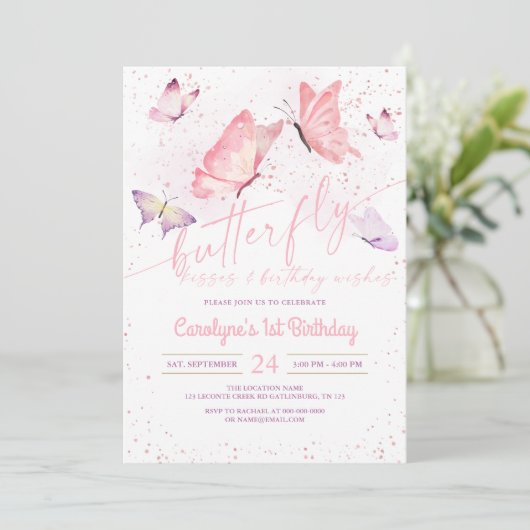 Butterfly Kisses en Birthday Wishes Invitation Kaart (Staand voorkant)