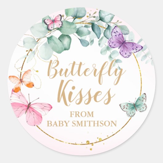 Butterfly Kisses Eucalyptus Pink Baby shower Favor Ronde Sticker (Voorkant)