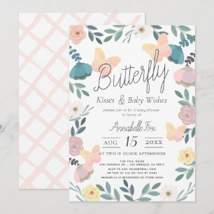 Butterfly Kisses Floral Garden Pink Baby shower Kaart