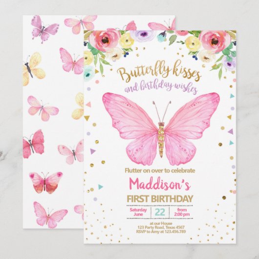 Butterfly Kisses Garden Floral Confetti Birthday Kaart (Voorkant / Achterkant)