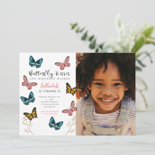 Butterfly Kisses Girls Birthday Party Foto Kaart (Staand voorkant)