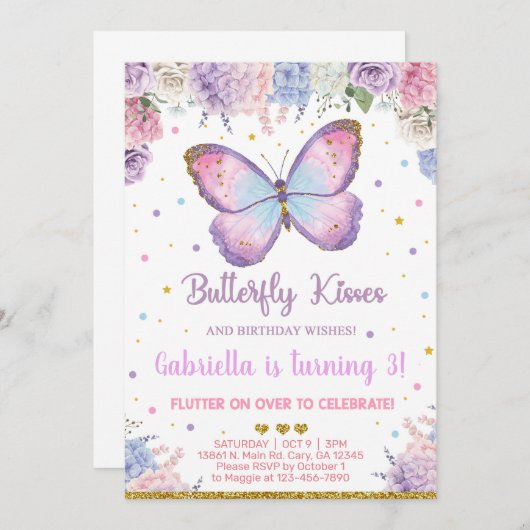 Butterfly kisses jarig wenst meisje uit te nodigen kaart (Voorkant / Achterkant)