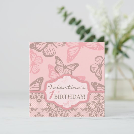 Butterfly Kisses Petal Birthday Invitation Square2 Kaart (Staand voorkant)