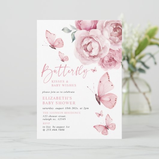 Butterfly Kisses Pink Floral Girl Baby shower Kaart (Staand voorkant)