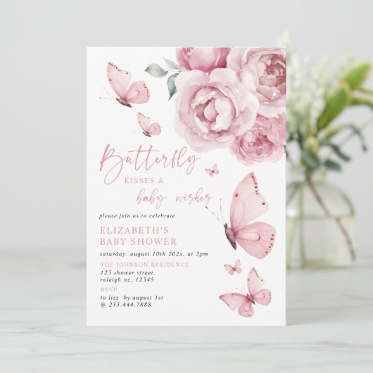 Butterfly Kisses Pink Floral Girl Baby shower Kaart (Staand voorkant)