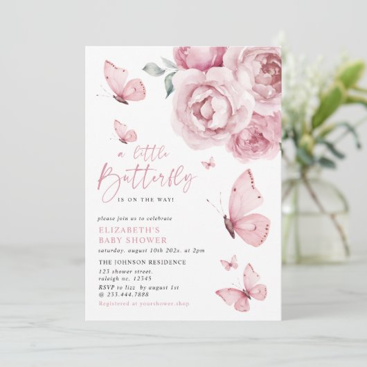 Butterfly Kisses Pink Floral Girl Baby shower Kaart (Staand voorkant)
