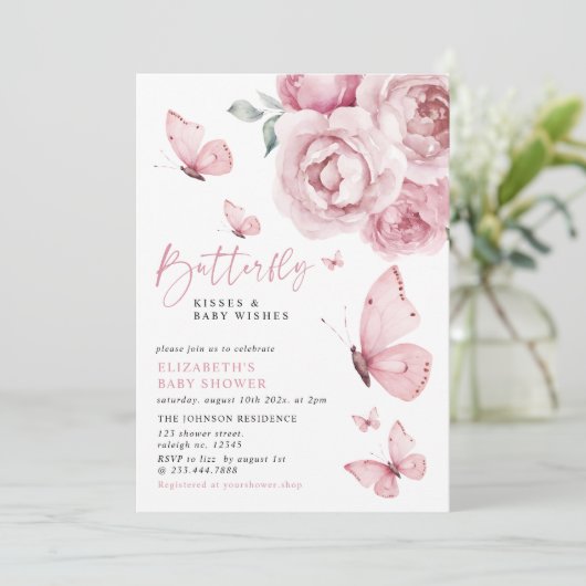 Butterfly Kisses Pink Floral Girl Baby shower Kaart (Staand voorkant)