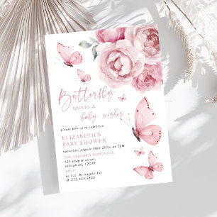 Butterfly Kisses Pink Floral Girl Baby shower Kaart