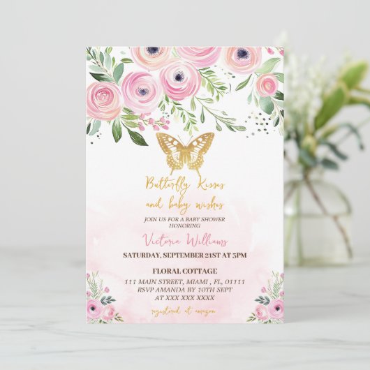 Butterfly Kisses Roze Baby shower Kaart (Staand voorkant)