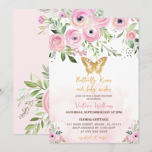 Butterfly Kisses Roze Baby shower Kaart (Voorkant / Achterkant)