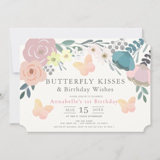 Butterfly Kisses Roze Bloemen Meisje Verjaardag Kaart (Voorkant)