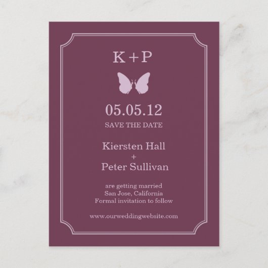 Butterfly Kisses Save The Date Briefkaarten - Plum (Voorkant)