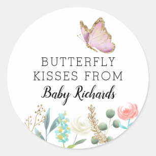 Butterfly Kisses Sweet Baby shower Favor Ronde Sticker
