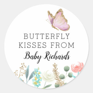 Butterfly Kisses Sweet Baby shower Favor Ronde Sticker