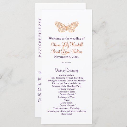 Butterfly Kisses Trouwprogramma (sinaasappel & paa Programmakaart (Voorkant / Achterkant)