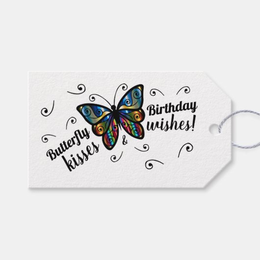 Butterfly Kisses Verjaardag Favor Tag Cadeaulabel (Voorkant (Horizontaal))