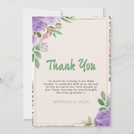Butterfly Kisses Violet Flowers Baby shower Bedankkaart (Voorkant)