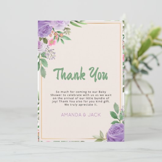 Butterfly Kisses Violet Flowers Baby shower Bedankkaart (Staand voorkant)