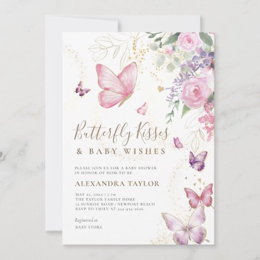 Butterfly Kisses Wensen Bloemen Baby Meisje Douche Kaart (Voorkant)