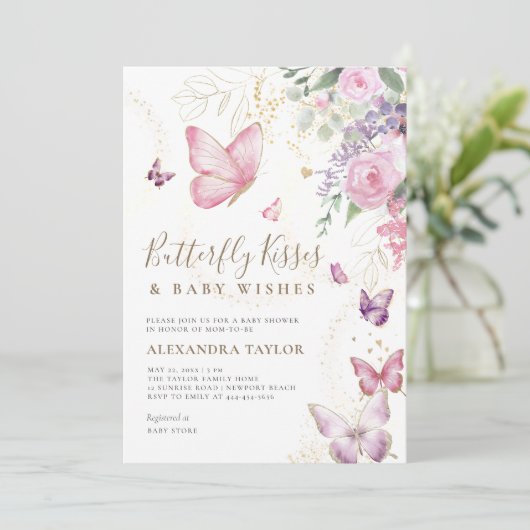 Butterfly Kisses Wensen Bloemen Baby Meisje Douche Kaart (Staand voorkant)