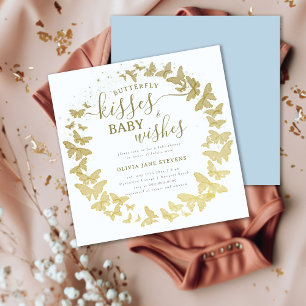 Butterfly Kisses wil Gold Blue Boy Baby shower Kaart