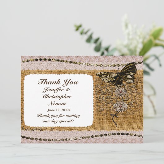 Butterfly, kralen, kant en schoot bedankkaart (Staand voorkant)