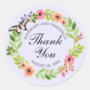 Butterfly krans bruiloft dank u lavendel ronde sticker