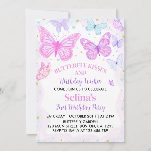 Butterfly kussen eerste verjaardag uitnodiging (Voorkant)