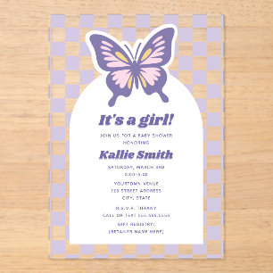 Butterfly Lavender Checkerboard Girl Baby shower Acryl Uitnodigingen
