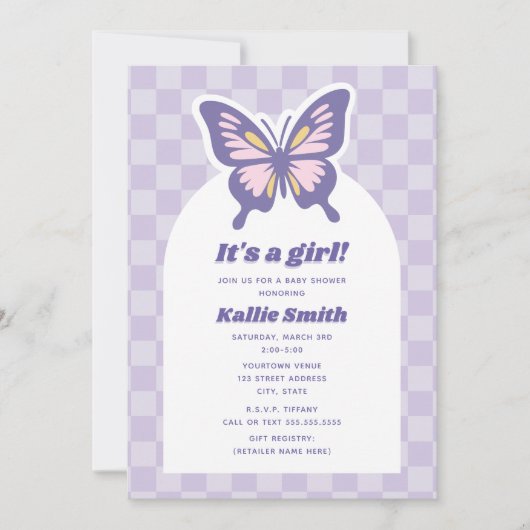 Butterfly Lavender Checkerboard Girl Baby shower Kaart (Voorkant)