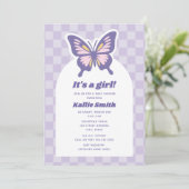Butterfly Lavender Checkerboard Girl Baby shower Kaart (Staand voorkant)