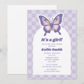 Butterfly Lavender Checkerboard Girl Baby shower Kaart (Voorkant / Achterkant)