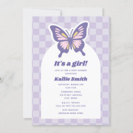 Butterfly Lavender Checkerboard Girl Baby shower Kaart