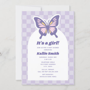 Butterfly Lavender Checkerboard Girl Baby shower Kaart