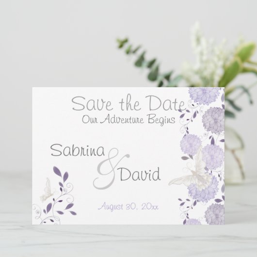 Butterfly Lila Plum Chrysanthemum Save the Date (Staand voorkant)