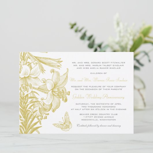 Butterfly Lilies Golden 50th Wedding Jubileum Kaart (Staand voorkant)