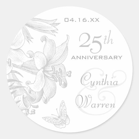 Butterfly Lilies Silver 25th Wedding Jubileum Ronde Sticker (Voorkant)