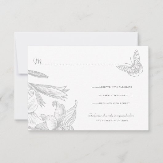 Butterfly Lilies Silver 25th Wedding Jubileum RSVP Kaartje (Voorkant)